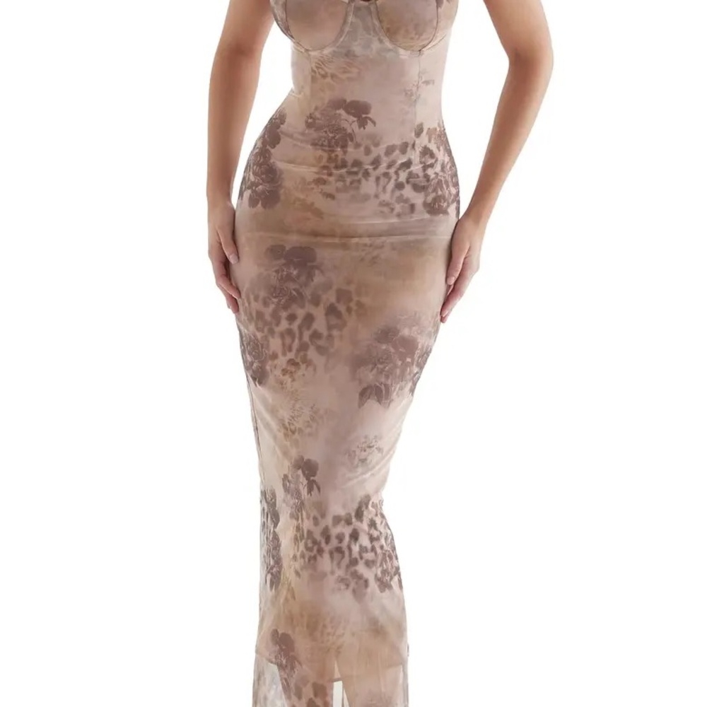 House of CB Taupe Floral Mesh Maxi Dress